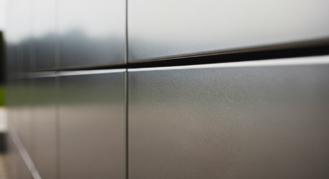 Close-up detail of dark gray metallic panel texture, modern building facade cladding, minimalist surface and lines