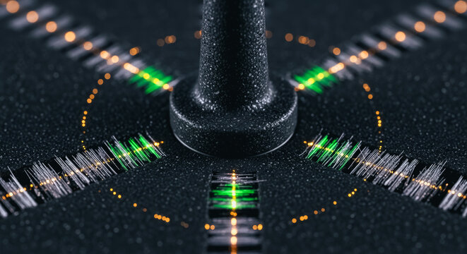 Macro view of audio mixer control surface with illuminated fiber optic lines and granular texture, abstract technology background - Powered by Adobe