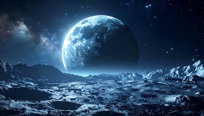 A large moon looms over a rugged, icy lunar landscape under a starry sky