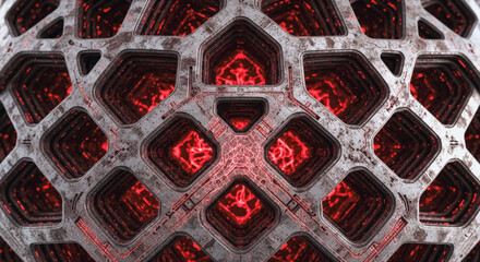 Futuristic dark grunge metal grid sphere background with glowing red energy core, abstract technology and sci-fi concept 3D render.