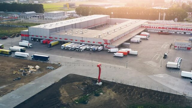 Drone Shot: Logistics Sorting Terminal with Multiple Trucks at Warehouse Loading Bays | Distribution Center Complex During Golden Hour Sunset | Supply Chain Hub with Parked Cargo Vehicles