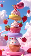 Playful stack of colorful desserts, including cupcakes, macarons, and strawberries against a dreamy, cloud-filled sky