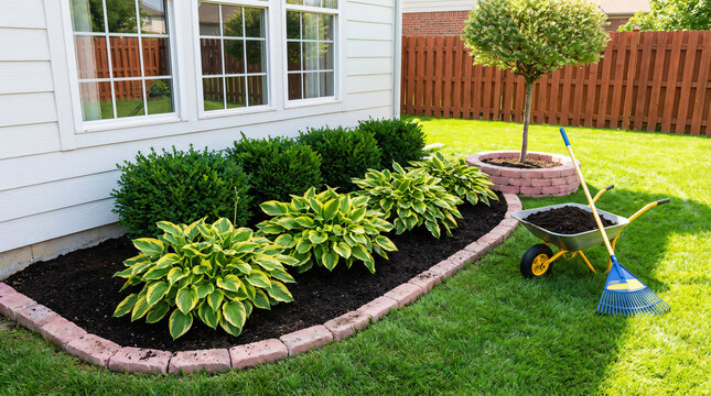 Residential garden bed with fresh mulch, hosta plants, and gardening tools. Backyard landscaping project in progress.