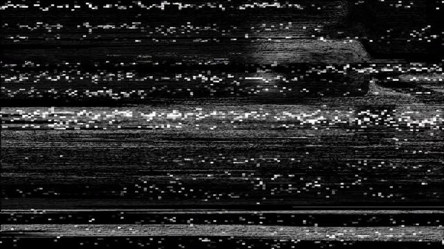 Black and White Analog VHS Glitch Background with Digital Noise, Static, Random Lines, and Faded Retro TV Distortion