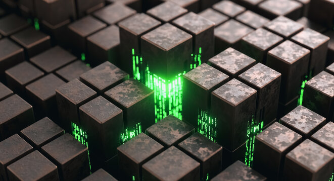 Abstract 3D render of rusty metal cubes with central green digital data flow, symbolizing technology, network processing, and futuristic data infrastructure - Powered by Adobe