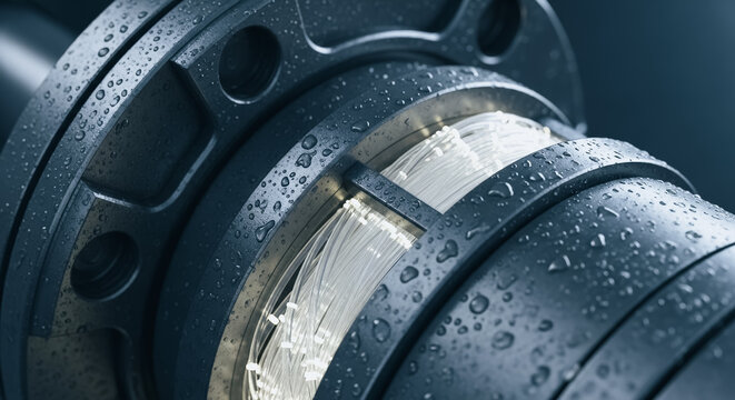 Advanced membrane filtration module or fiber optic cable bundle close-up, wet industrial environment, engineering technology