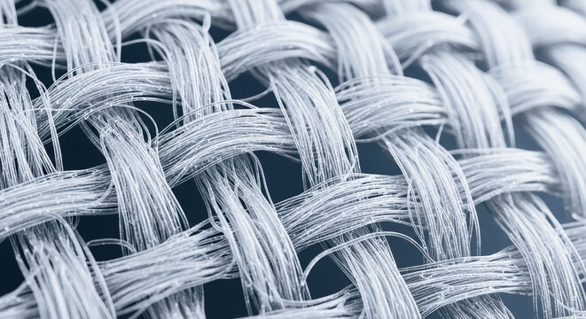Extreme macro shot of woven synthetic textile fibers, microscopic view of technical fabric structure, strong binding material texture.