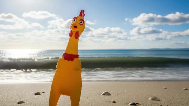 Funny rubber chicken toy standing on beach with ocean waves and blue sky background