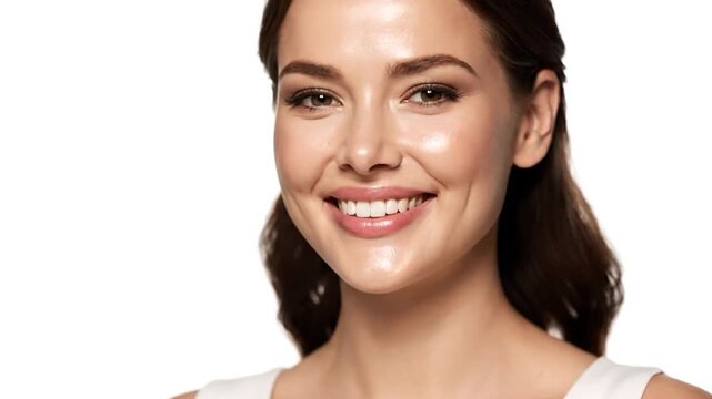 Radiant smile on a woman's face, showcasing flawless skin and bright eyes