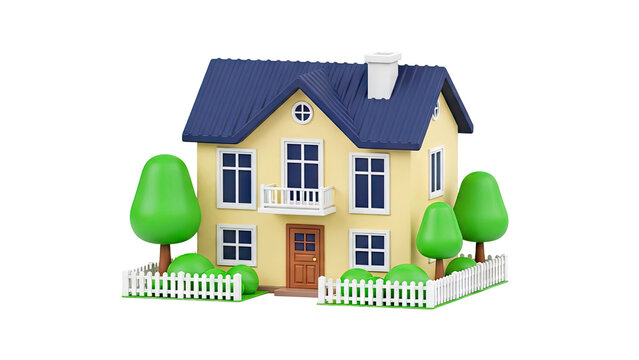 Cartoon Yellow House with Blue Roof and Green Trees