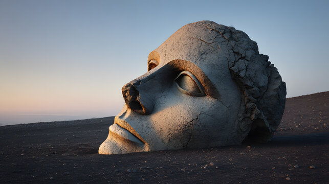 Ancient Ruins: An aged stone bust of a head emerges from the earth, capturing a sense of antiquity, echoing tales of civilizations past.