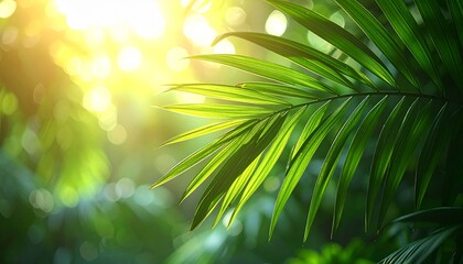 Obraz premium Lush Green Palm Fronds Illuminated by Bright Sunlight in a Forest.