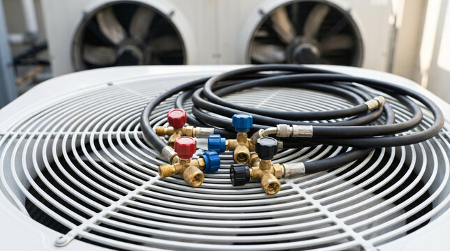 HVAC service tools: Refrigerant manifold gauges and hoses on an outdoor air conditioning unit