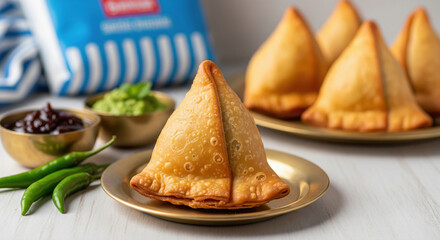 Crispy Golden Samosas with Chutney and Green Chilies © PIX OF WORLD AI