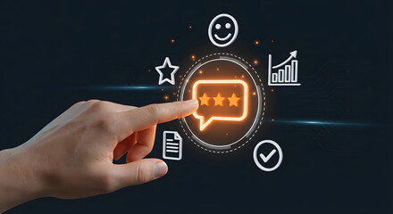 Hand touching digital customer feedback interface with star rating icons and business analytics symbols for reputation management and consumer satisfaction marketing concept