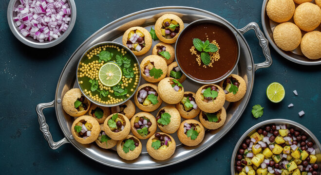 Delicious Indian Pani Puri Platter with Mint and Tamarind Waters