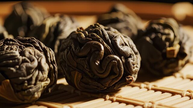 Close Up of Pressed Tea Balls on Bamboo Mat in Warm Light