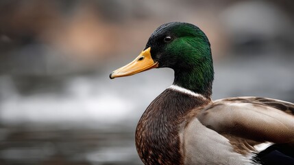 Majestic Mallard Duck with Vibrant Green Head by the Water's Edge