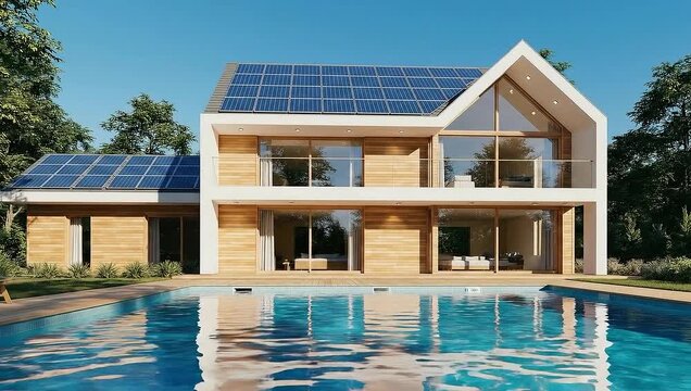 Modern ecofriendly house with solar panels on roof and pool in backyard on sunny day with clear blue sky