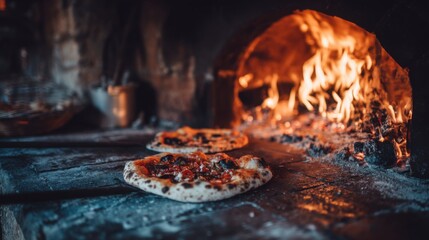 Freshly Baked Pizza in Traditional Wood-Fired Oven Surrounded by Flames and Rustic Kitchen Atmosphere Perfect for Culinary Photography