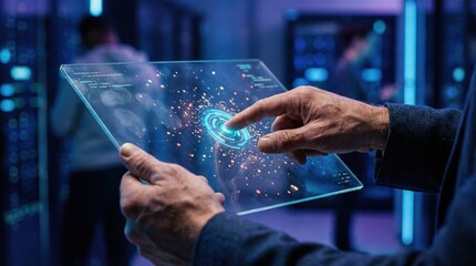 Close-up of a man's hands interacting with a transparent futuristic tablet, showing code and data visualization