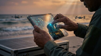 Operator using tablet to control drones over the sea at sunset