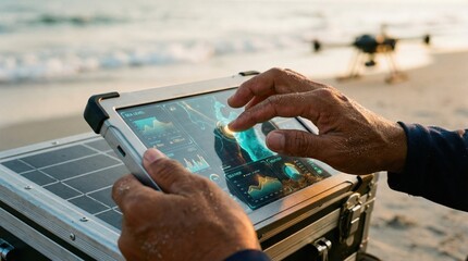 Drone operator monitoring data on a tablet at the beach