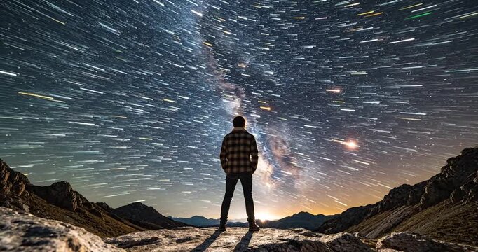 Hiker under Milky Way watching star trails.