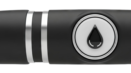 Close-up of a black pen with silver accents and ink drop symbol
