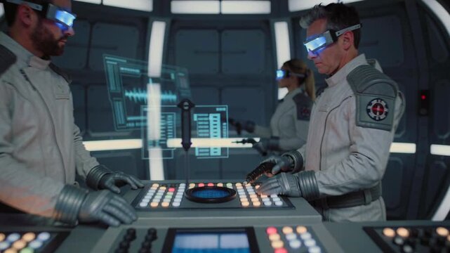 two caucasian medics operating circular holographic diagnostics table with waveform projections and wearable visors, clinical white uniforms, deliberate gestures mapping patient data