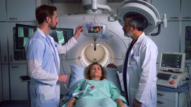 radiologists review brain scan in ct room while patient lies in scanner, two clinicians examine holographic neural overlay on monitor and discuss diagnostic markers and treatment planning