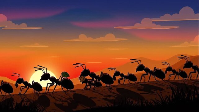 Ant Colony Working at Sunset Silhouette Illustration