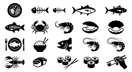 Fototapeta premium Comprehensive black silhouette seafood and Japanese cuisine icon set, featuring fish, crab, shrimp, sushi, and oyster, perfect for restaurant menus or food service design, isolated on transparent back