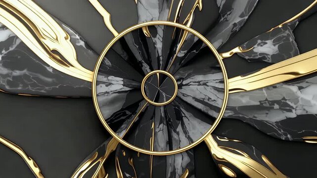 Abstract black marble surface with gold rings and beams.