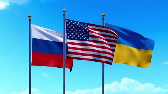three flags of russia the usa and ukraine wave on flagpoles against a clear blue sky with clouds representing the geopolitical triangle and relations