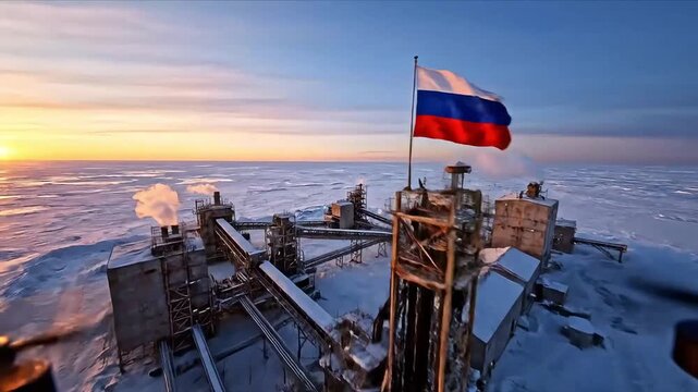 an oil rig with a waving russian flag located in the middle of arctic ice in the rays of the setting sun emphasizing northern resource extraction