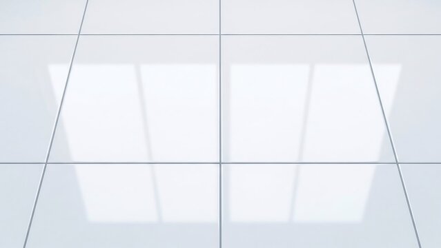 Glossy white square ceramic tiles with thin grey grout lines, reflecting light and creating a clean, modern surface.