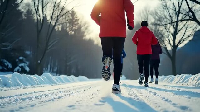 group of people in sportswear taking a morning run along a snowy forest road with bright winter sun shining through the trees for active rest