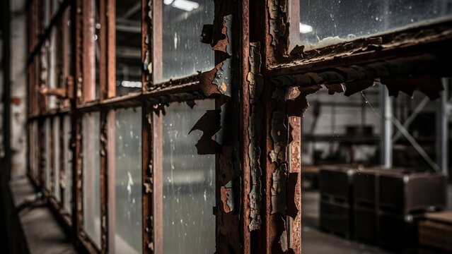 Heavily rusted and peeling metal window frames in a derelict industrial building, with blurred background.
