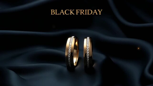 two gold rings decorated with diamonds rotating slowly against a background of dark luxury fabric folds with black friday golden text at the top