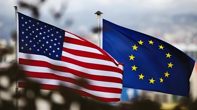 state flags of the united states of america and the european union waving in the wind against a blurred city landscape as symbols of cooperation