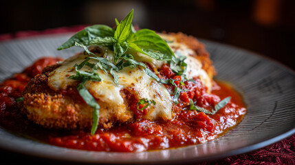 Gourmet Chicken Parmigiana with Melted Mozzarella, Marinara Sauce and Fresh Basil Garnish.