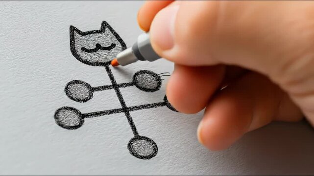 Hand skillfully drawing a cat on paper bringing to life a strategic planner concept with creative inspiration. Drawing a Strategic Cat Illustration &ndash; Animated Video Version