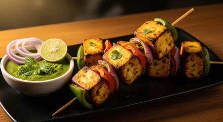 Delicious Grilled Paneer Tikka Skewers with Green Chutney and Lime