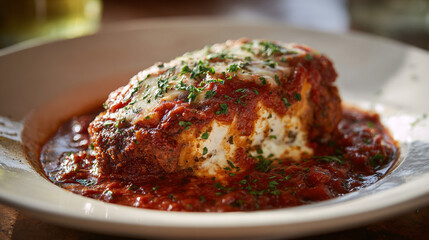 Italian Stuffed Chicken Breast with Rich Tomato Sauce, Cheese and Fresh Herbs on White Plate.