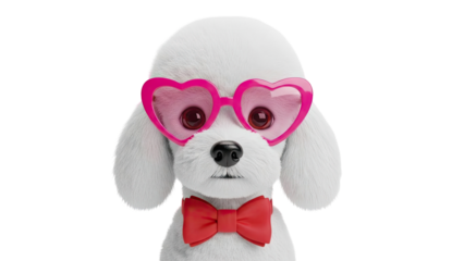 White poodle wearing heart-shaped glasses and a red bow tie