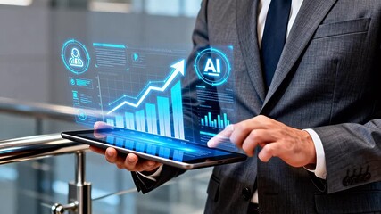 Businessman using AI analytics on tablet - Powered by Adobe