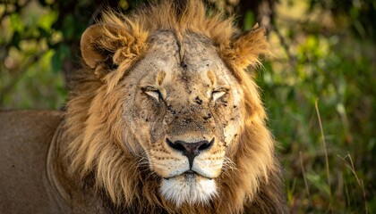Fototapeta premium Majestic Lions Serene Gaze - A Close-Up Portrait in Natural Habitat.