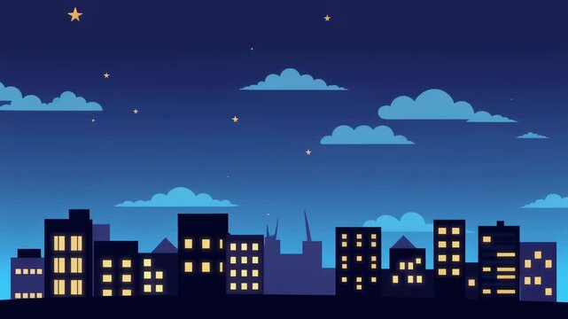 A vibrant cityscape at night, with illuminated buildings under a starry sky and fluffy clouds.