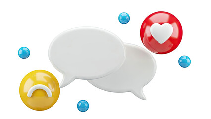 Social media interaction icons: chat bubbles, sad emoji, heart, and blue dots